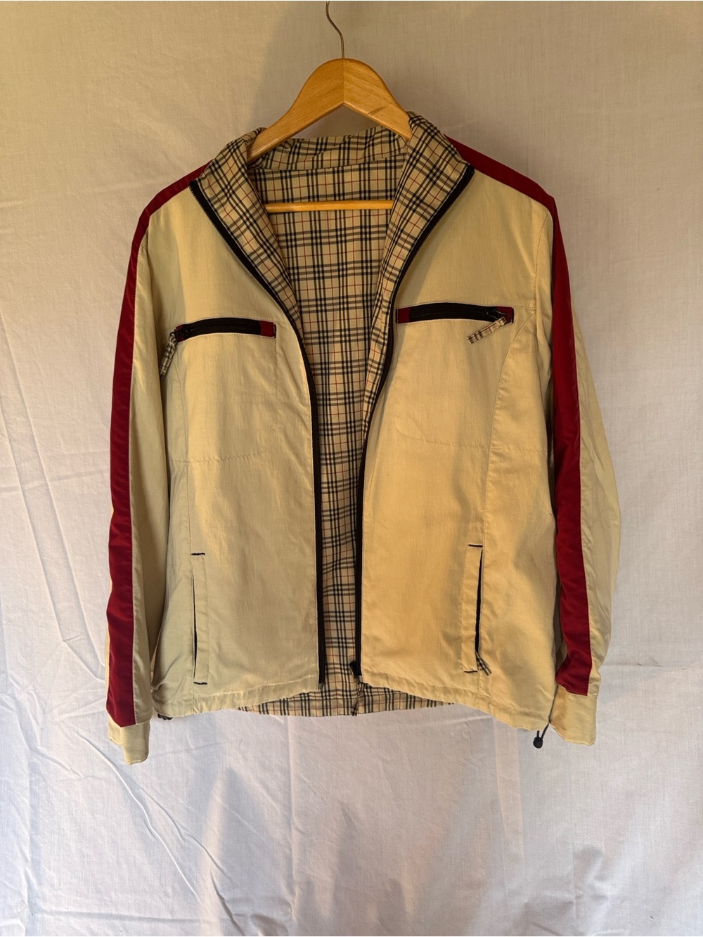 Men's Lightweight Cream Jacket with Red Stripe Accent